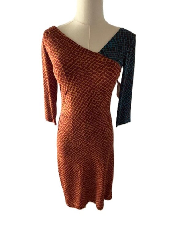 RACHEL Roy Chic Dark Gold/Rust & Teal Combo Dress w/Ruching on One Side ( L) NWT - Picture 12 of 14